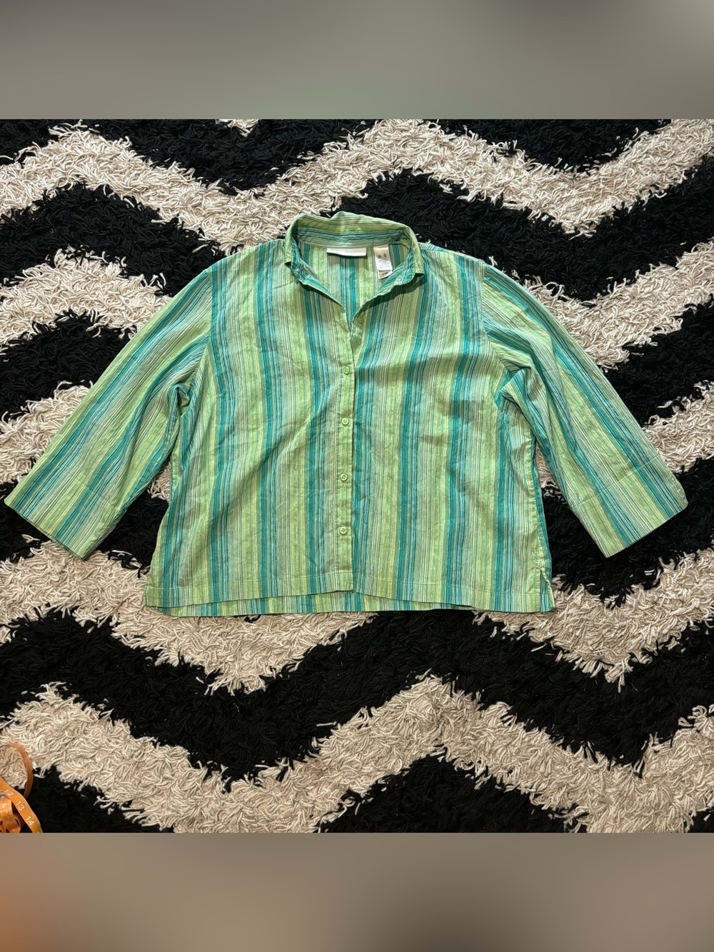 First Issue Liz Claiborne Shimmery Green Blue Stripe 3/4 Sleeve Button Up XL